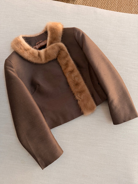 Vintage Satin Cropped Mink Trim Jacket