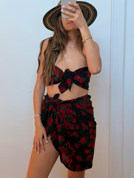 Vintage Yves Saint Laurent Rose Print Top & Skirt Set