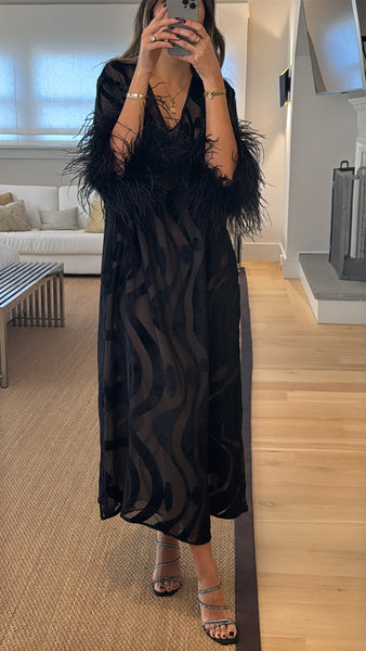 Vintage Valentino Velvet Print & Feather Sleeve Dress