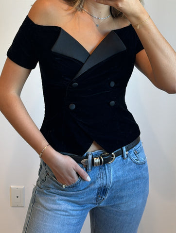 Vintage Black Velour Off Shoulder Top