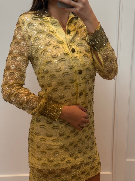 Vintage 1960s Beaded Mini Yellow Lace Dress