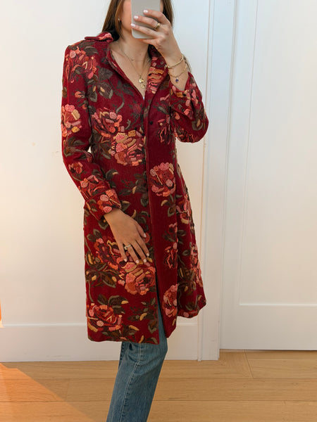 Vintage Floral Embroidered Fur Trim Coat