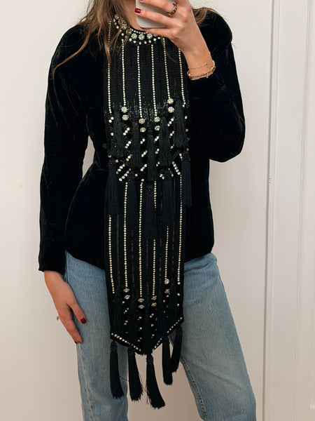Vintage Black Velvet Rhinestone Fringe Jacket