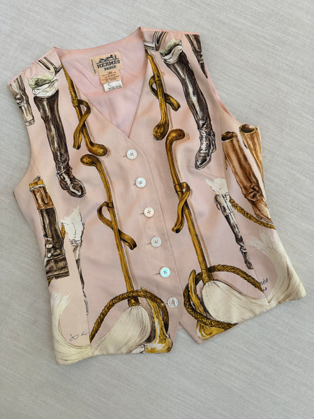 Vintage Hermès Pink Equestrian Print Silk Vest