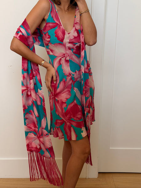 Vintage Céline S/S 2004 Runway Hibiscus Print Dress & Scarf Set