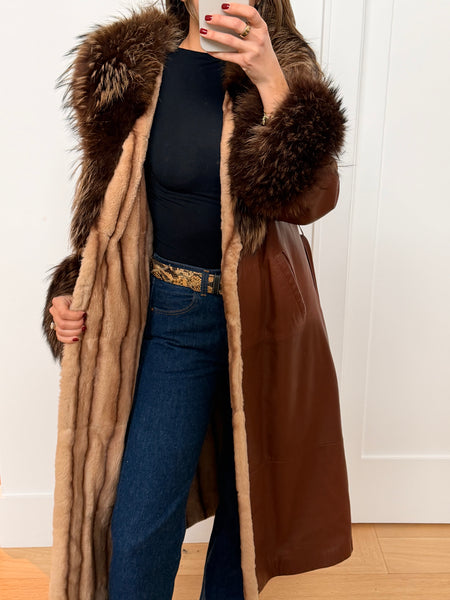 Vintage Brown Leather Fox Trim Wrap Coat