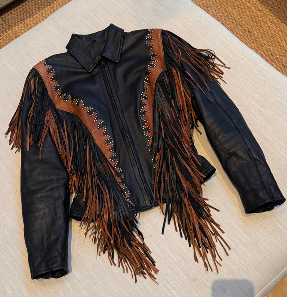 Vintage Black & Brown Leather Fringe Jacket