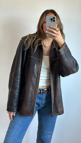 Vintage 90s Brown Washed Leather Jacket