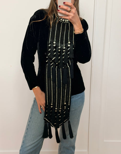Vintage Black Velvet Rhinestone Fringe Jacket