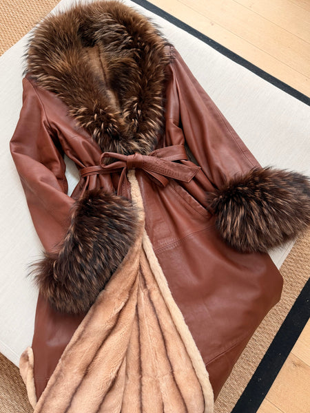 Vintage Brown Leather Fox Trim Wrap Coat