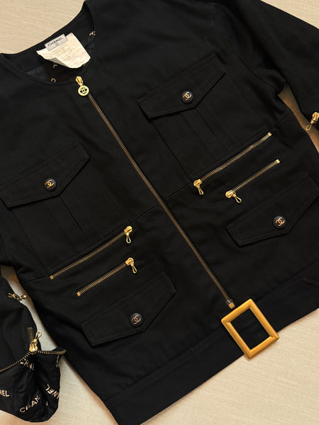 1990s Chanel Black Moto Jacket with Gold Buckle