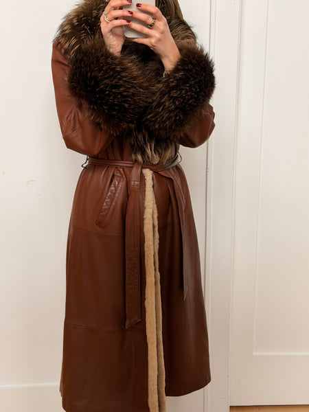 Vintage Brown Leather Fox Trim Wrap Coat