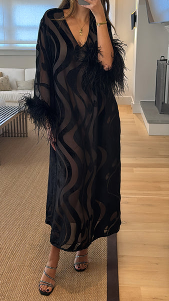 Vintage Valentino Velvet Print & Feather Sleeve Dress