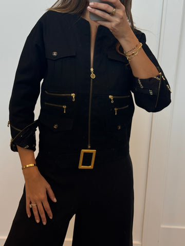 1990s Chanel Black Moto Jacket with Gold Buckle