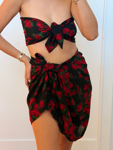 Vintage Yves Saint Laurent Rose Print Top & Skirt Set
