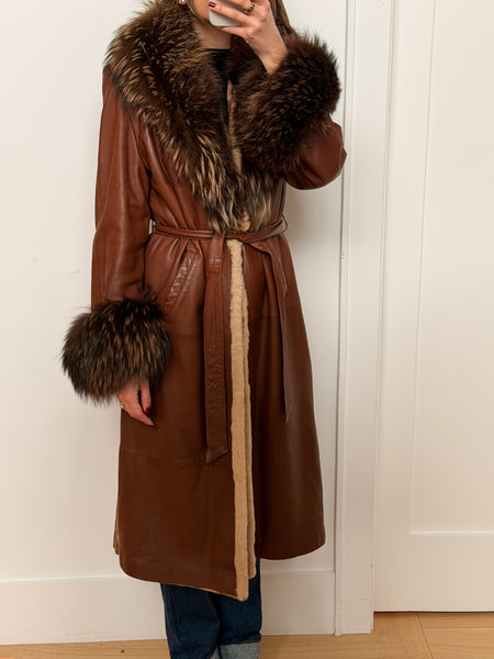 Vintage Brown Leather Fox Trim Wrap Coat