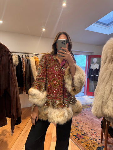 Vintage Embellished Fox Fur Trim Coat