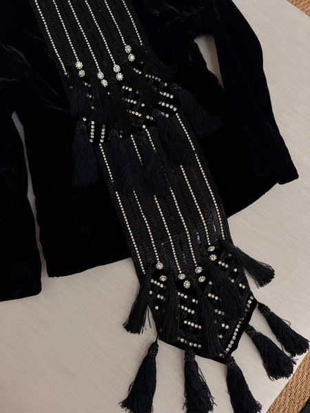 Vintage Black Velvet Rhinestone Fringe Jacket