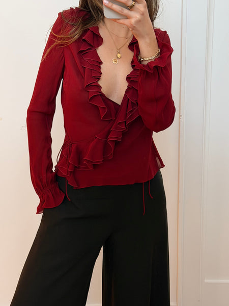 Vintage Christian Dior by Galliano Red Ruffle Blouse