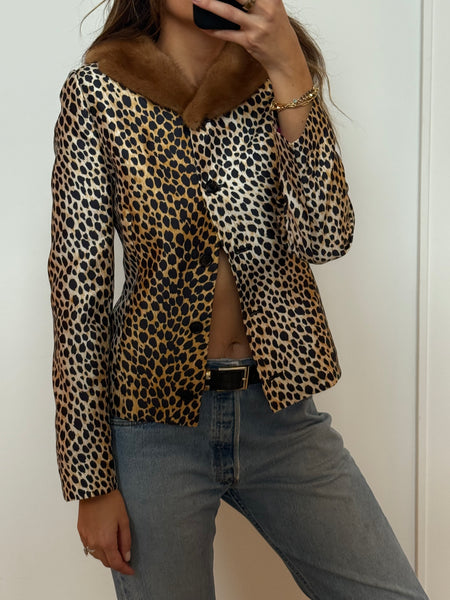 Vintage Dolce & Gabbana 1992 Cheetah Print Mink Fur Collar Jacket