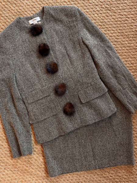 Vintage Calvin Klein Collection Mink Button Skirt Suit