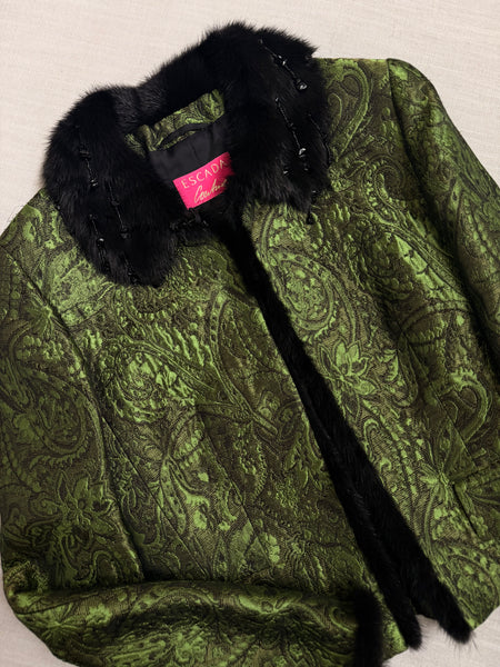 Vintage Escada Green Brocade Mink Trim Jacket