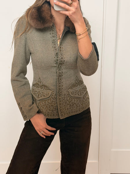 Vintage Oscar de la Renta Embroidered Fur Collar Jacket