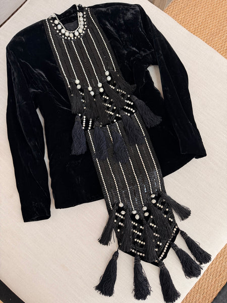 Vintage Black Velvet Rhinestone Fringe Jacket