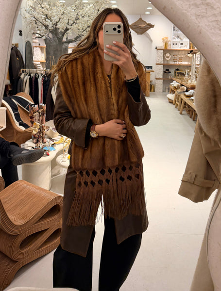 Vintage Mink Fur Leather Fringe Tassel Scarf