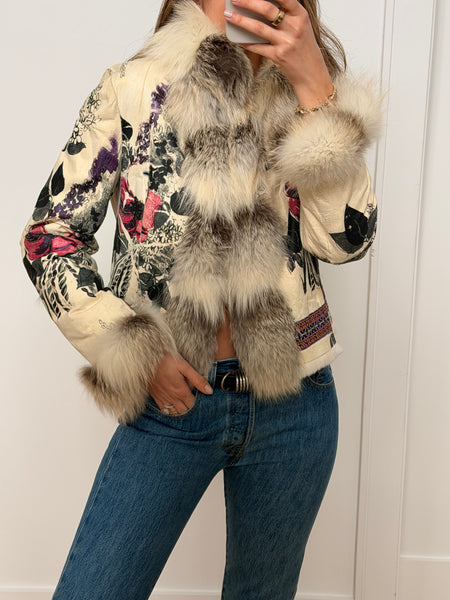 Vintage Roberto Cavalli F/W 2008 Hand-Painted Fox Trim Fur Lined Jacket
