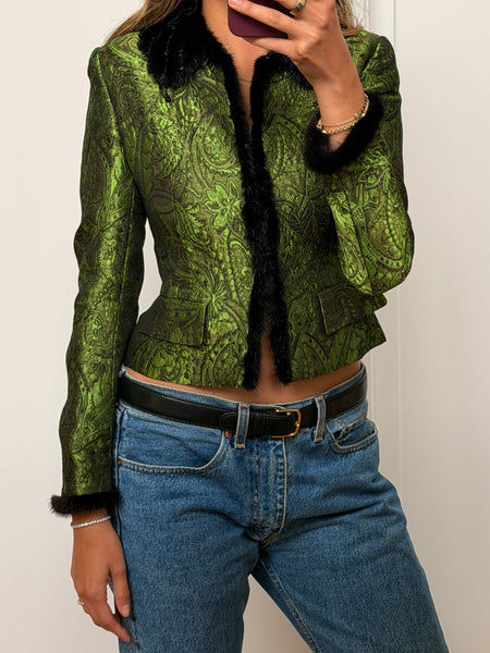 Vintage Escada Green Brocade Mink Trim Jacket
