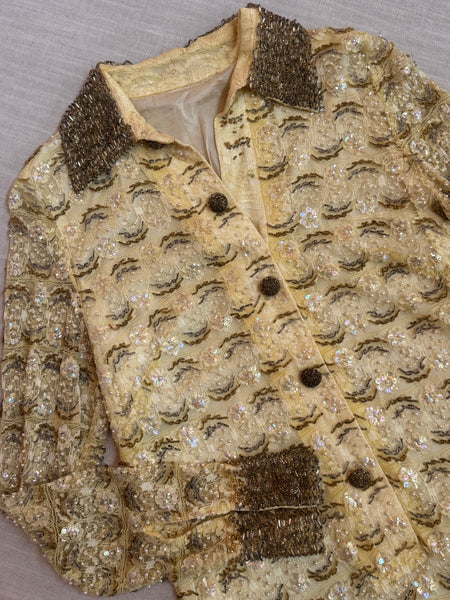 Vintage 1960s Beaded Mini Yellow Lace Dress