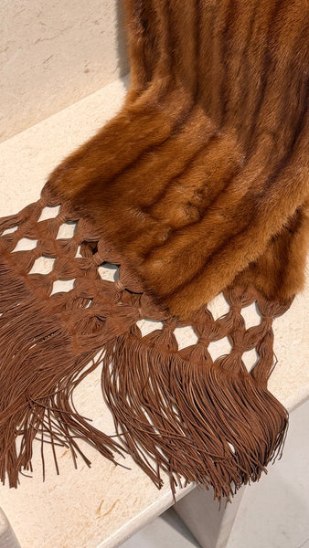 Vintage Mink Fur Leather Fringe Tassel Scarf