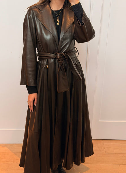 Vintage Christian Dior Brown Leather Maxi Wrap Coat