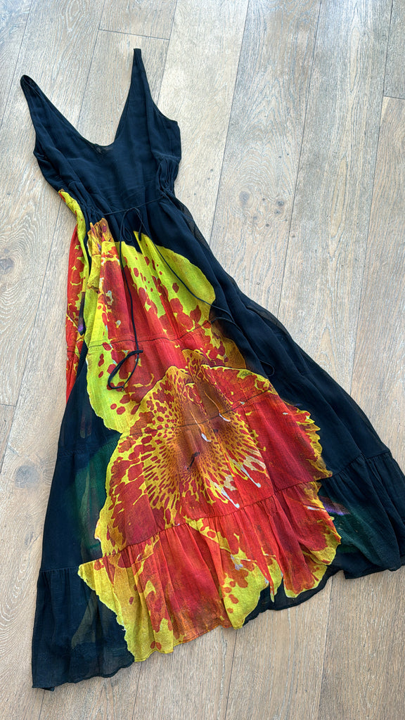 roberto cavalli long dresses S/S 2003 Chinoiserie Print Silk Train Maxi Evening Dress Gown perfect for important occasions Roberto Cavalli Patterned Corset Dress