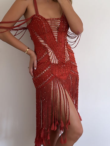 Vintage Red Beaded Embellished Fringe Dress