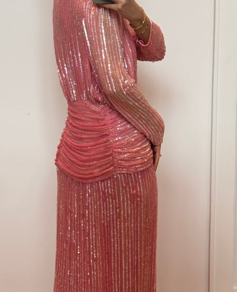 Vintage 1970s Pink Sequin Maxi Dress