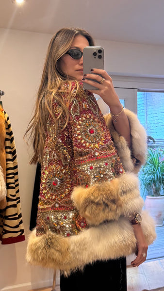 Vintage Embellished Fox Fur Trim Coat