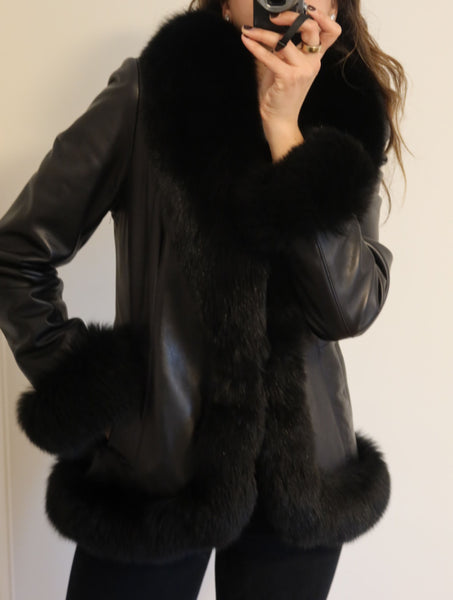 Vintage Black Leather Fox Trim Coat