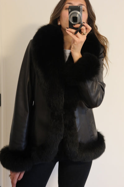 Vintage Black Leather Fox Trim Coat