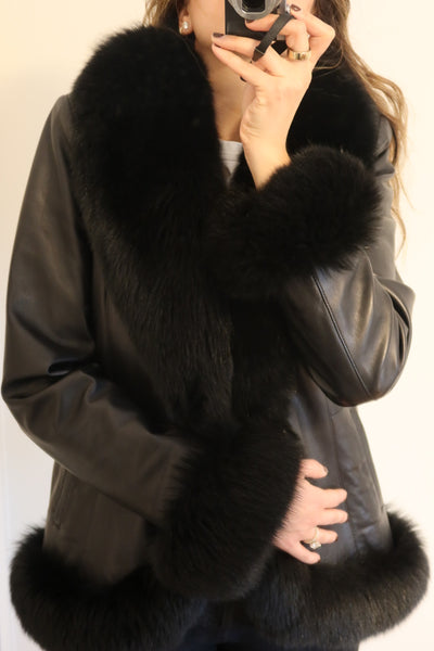 Vintage Black Leather Fox Trim Coat
