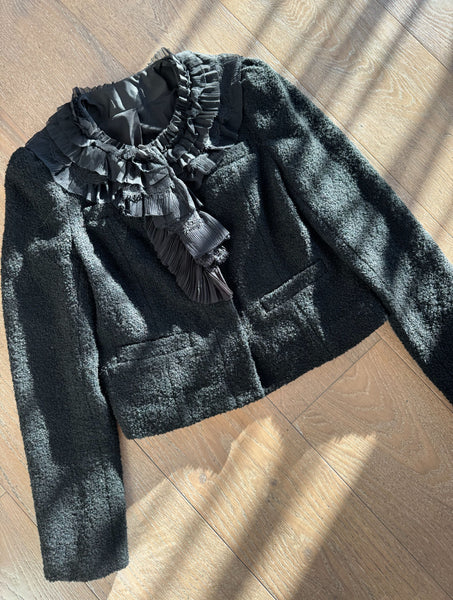 Vintage Black Boucle Ruffle Collar Jacket