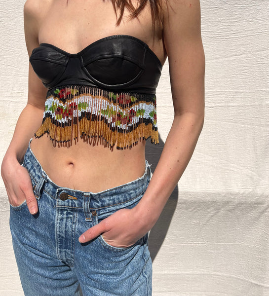 Vintage Moschino Beaded Fringe Leather Bustier