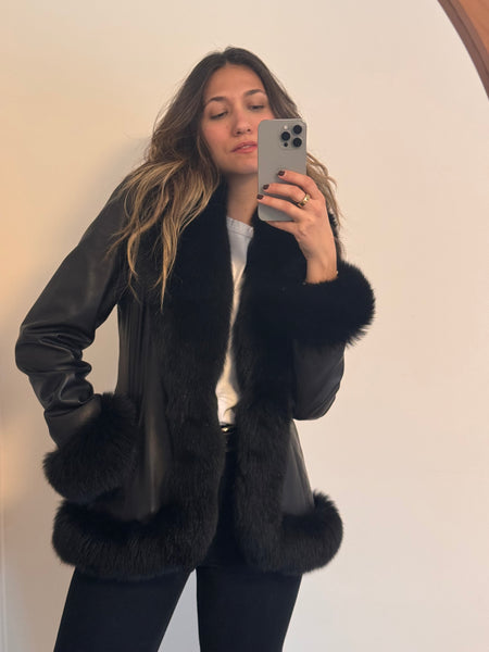Vintage Black Leather Fox Trim Coat