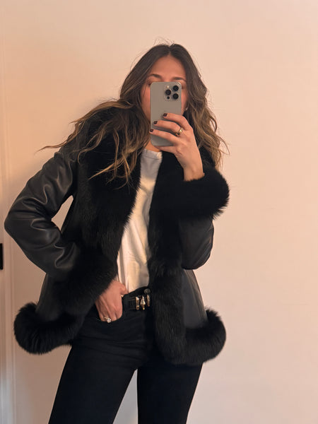 Vintage Black Leather Fox Trim Coat
