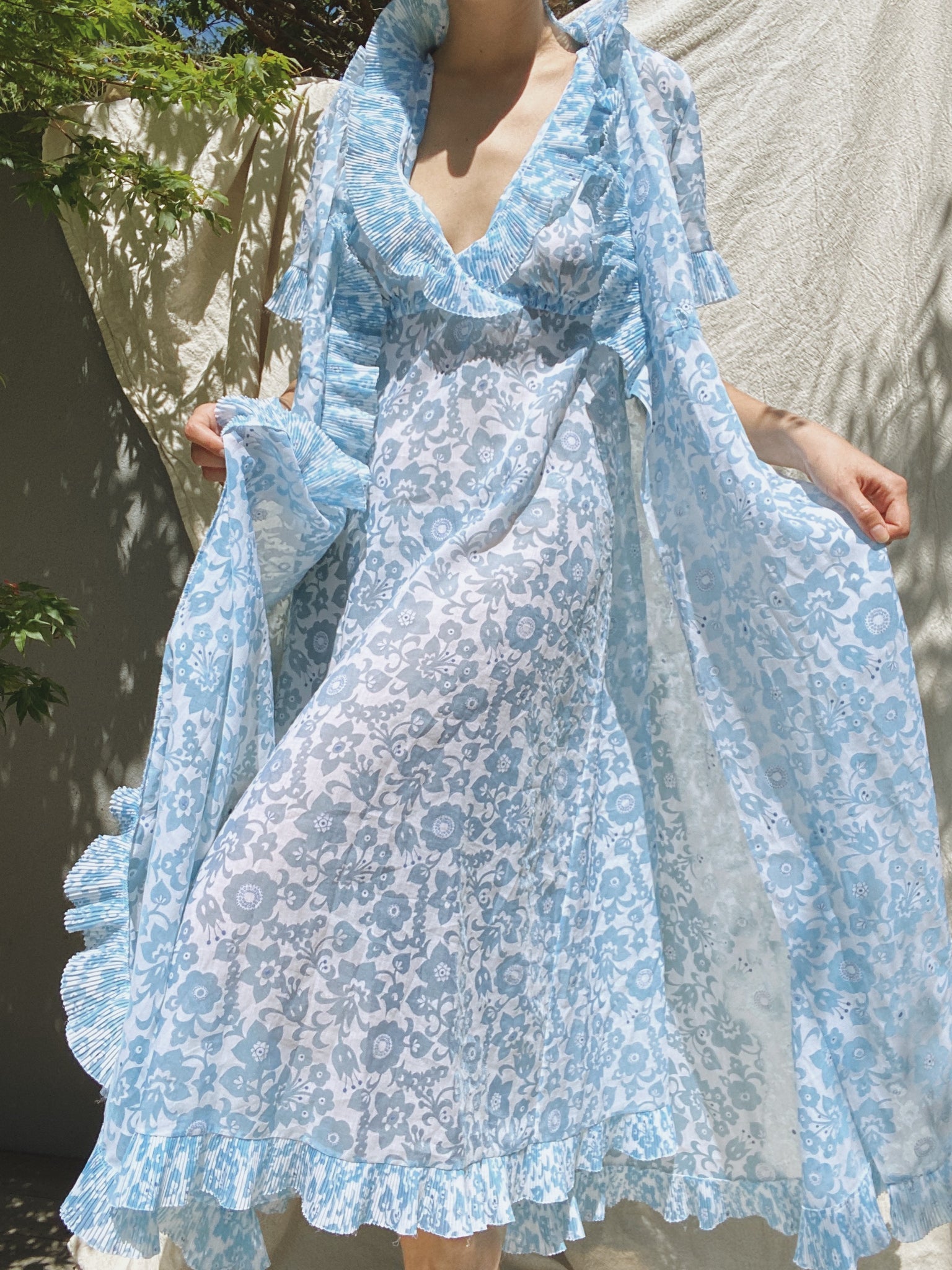 Vintage Blue White Floral Dress & Robe Set