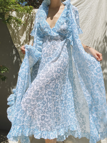 Vintage Blue White Floral Dress & Robe Set