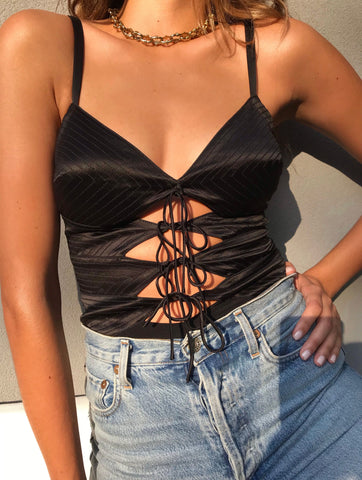 Vintage Black Satin Cut-Out Top