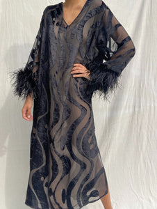 Vintage Valentino Velvet Print & Feather Sleeve Dress