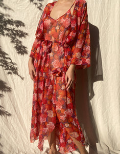 Vintage Christian Dior Red Floral Dress & Robe Set